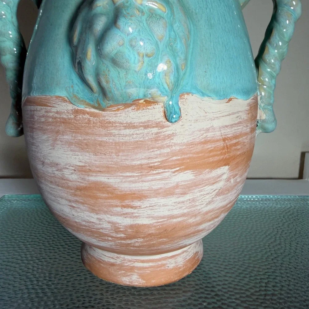 Terracotta Lion Head Vase Turquoise Drip Glaze Twisted Handle Amphora 11.25